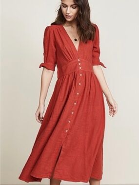 Free People V-Neck Button-Front Midi Dress in Terracotta Linen Cotton Blend